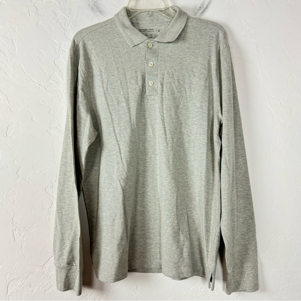 Abercrombie & Fitch Polo Shirt Knit Top Heather Marled Light Gray Cotton Stretch